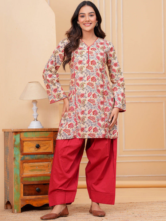 Cream Floral Cotton Kurta Set with Palazzo