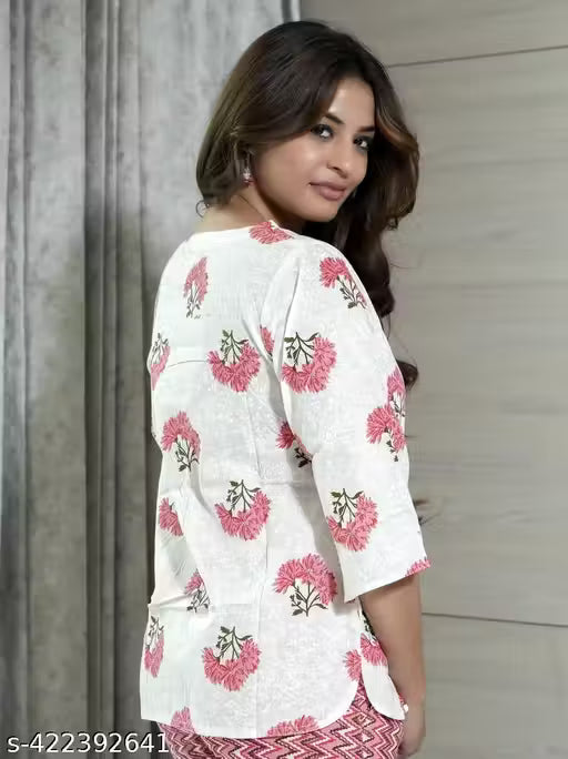 White Pink Floral Short Kurti