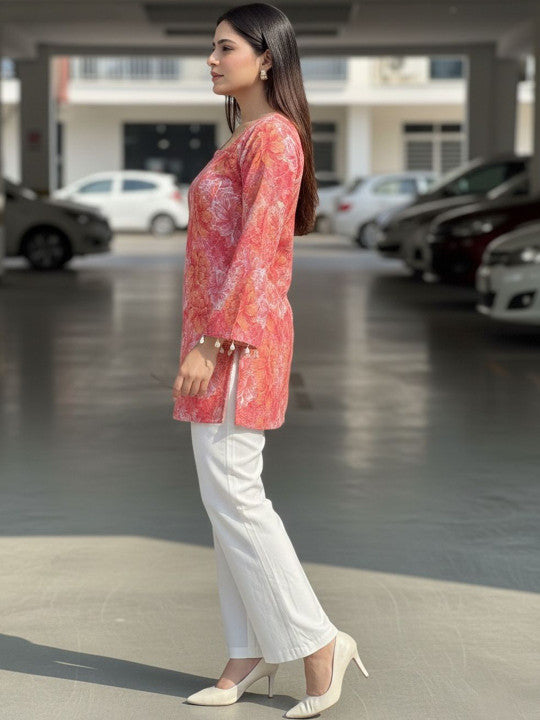 Floral Bell Sleeve Short Kurti