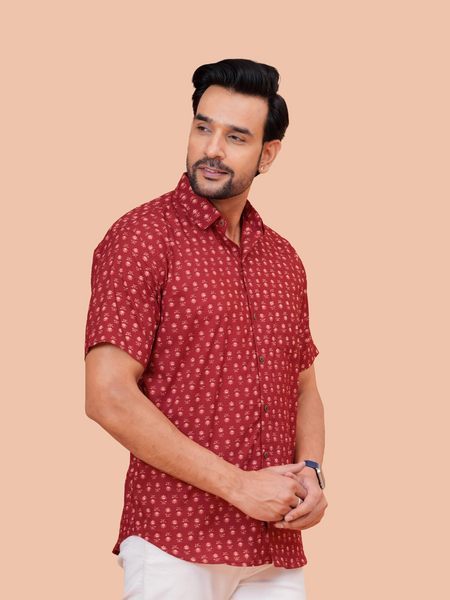 Maroon Jaipuri-Buti Pure Cotton Office Wear Shirt for Men