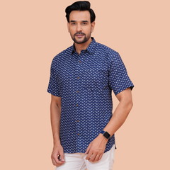 Navy Blue Buti Print Casual Office Wear Shirt for Men – Half Sleeve