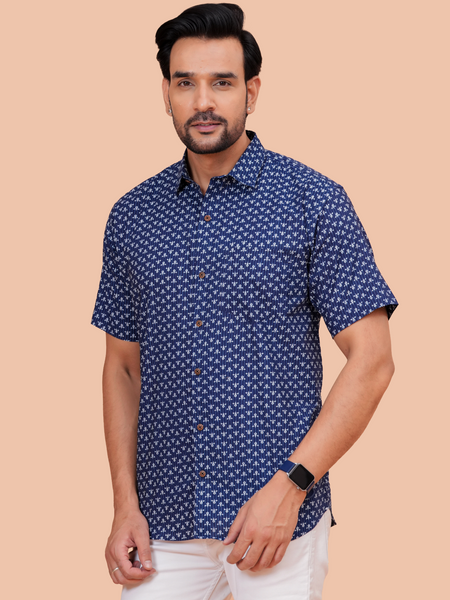 Navy Blue Buti Print Casual Office Wear Shirt for Men – Half Sleeve