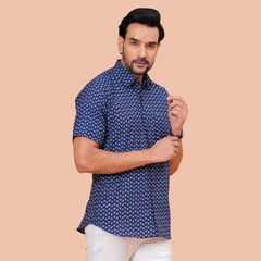 Navy Blue Buti Print Casual Office Wear Shirt for Men – Half Sleeve