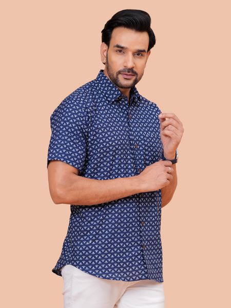 Navy Blue Buti Print Casual Office Wear Shirt for Men – Half Sleeve