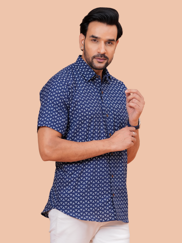 Navy Blue Buti Print Casual Office Wear Shirt for Men – Half Sleeve