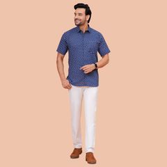 Navy Blue Buti Print Casual Office Wear Shirt for Men – Half Sleeve
