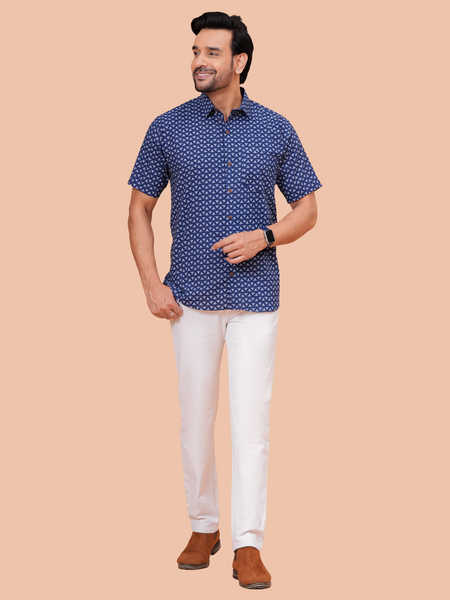Navy Blue Buti Print Casual Office Wear Shirt for Men – Half Sleeve