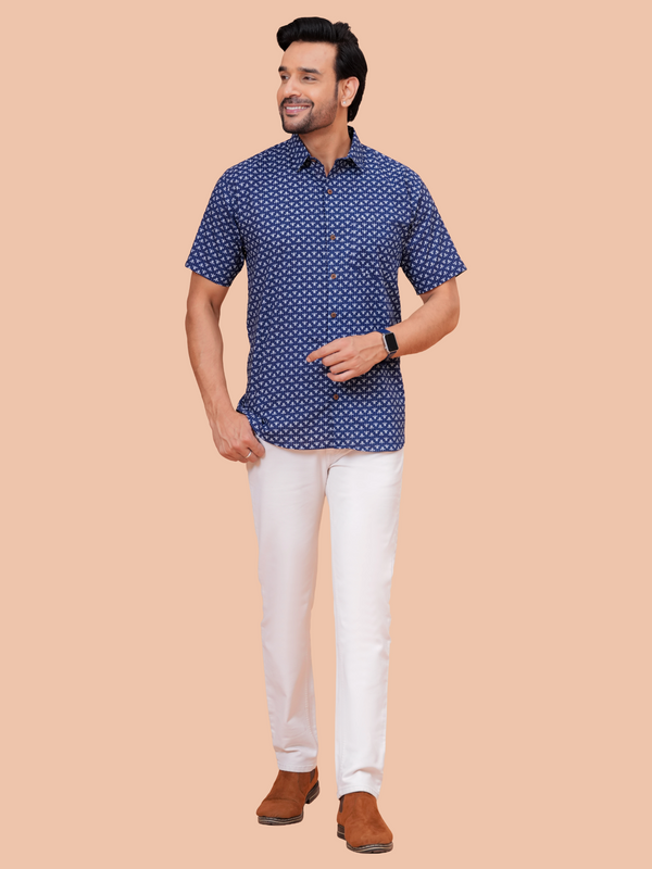 Navy Blue Buti Print Casual Office Wear Shirt for Men – Half Sleeve