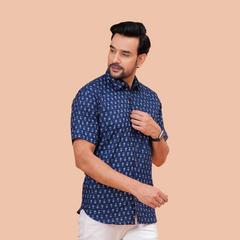 Blue Smart Casual Office Shirt for Men – Breathable Half Sleeve Everyday Wear