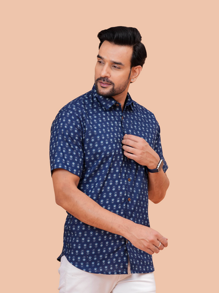 Blue Smart Casual Office Shirt for Men – Breathable Half Sleeve Everyday Wear