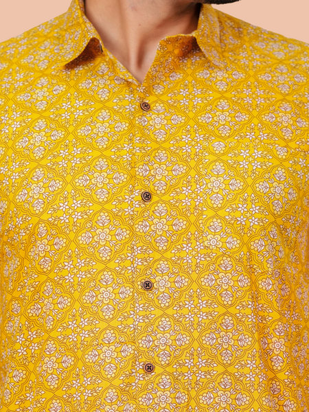Mustard Lattice Jaal Cotton Shirt