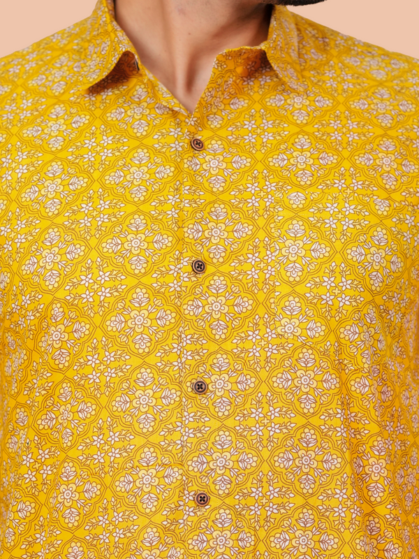 Mustard Lattice Jaal Cotton Shirt