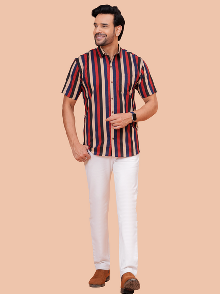 Doriya Jaipur Multi-Color Vertical Stripe Casual Shirt for Men