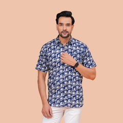 Jaipuri Indigo Elephant Figure Printed Casual Shirt for Men