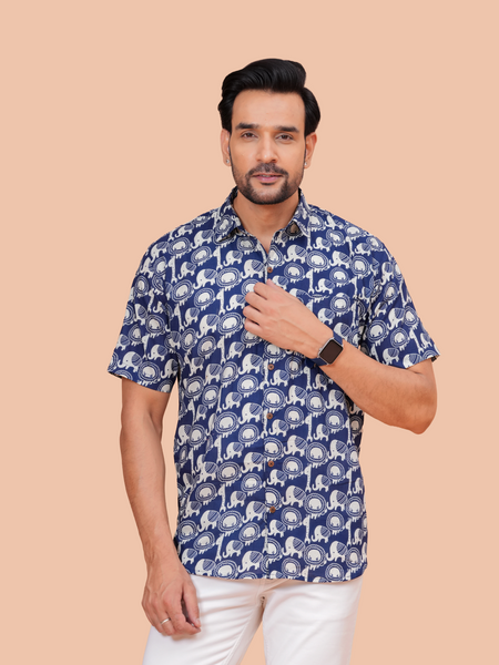 Jaipuri Indigo Elephant Figure Printed Casual Shirt for Men