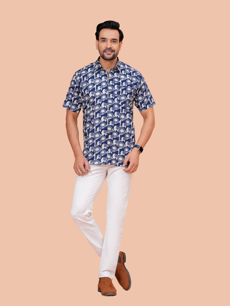 Jaipuri Indigo Elephant Figure Printed Casual Shirt for Men