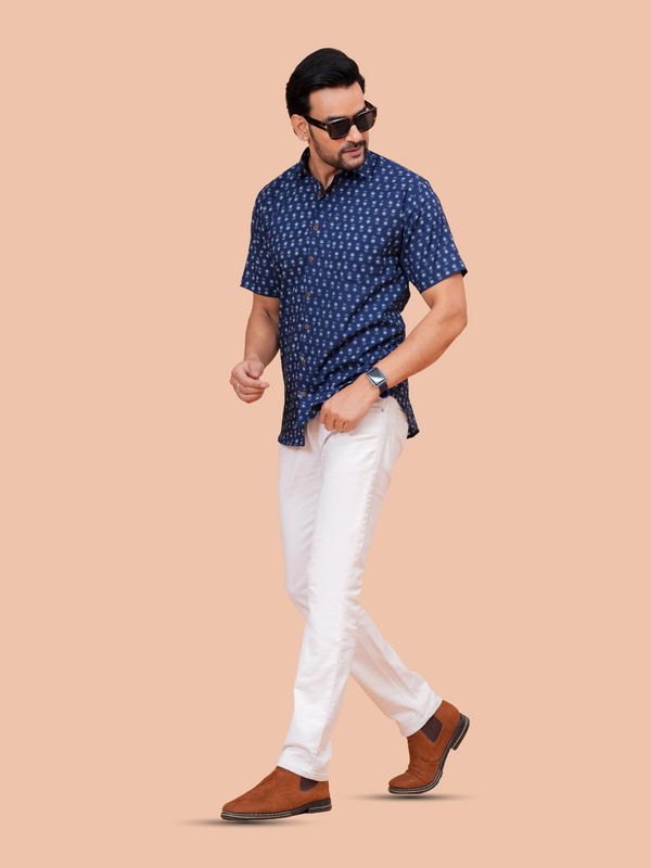 Blue Smart Casual Office Shirt for Men – Breathable Half Sleeve Everyday Wear