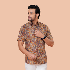 Earthy Ochre Jaal Printed Pure Cotton Shirt for Men | Dooriya Jaipur