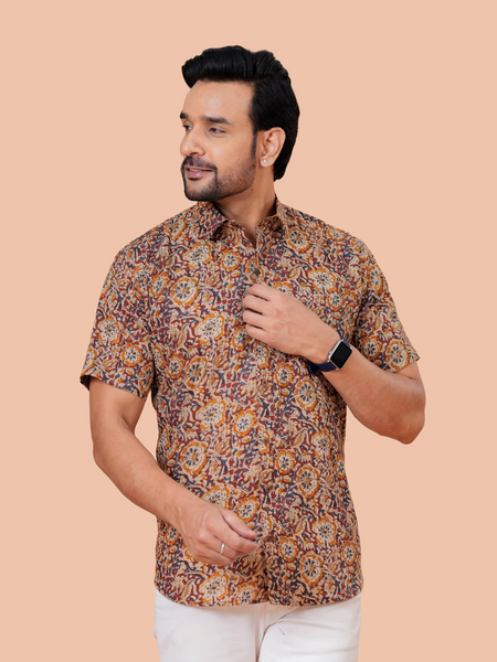 Earthy Ochre Jaal Printed Pure Cotton Shirt for Men | Dooriya Jaipur
