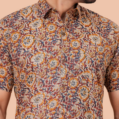 Earthy Ochre Jaal Printed Pure Cotton Shirt for Men | Dooriya Jaipur