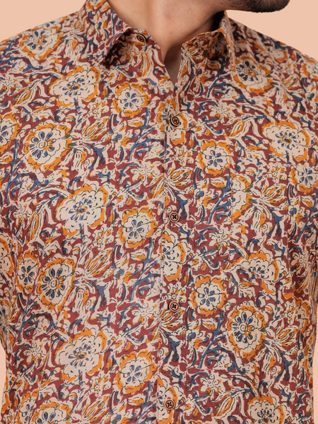 Earthy Ochre Jaal Printed Pure Cotton Shirt for Men | Dooriya Jaipur