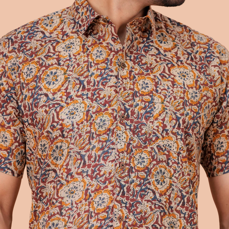 Earthy Ochre Jaal Printed Pure Cotton Shirt for Men | Dooriya Jaipur