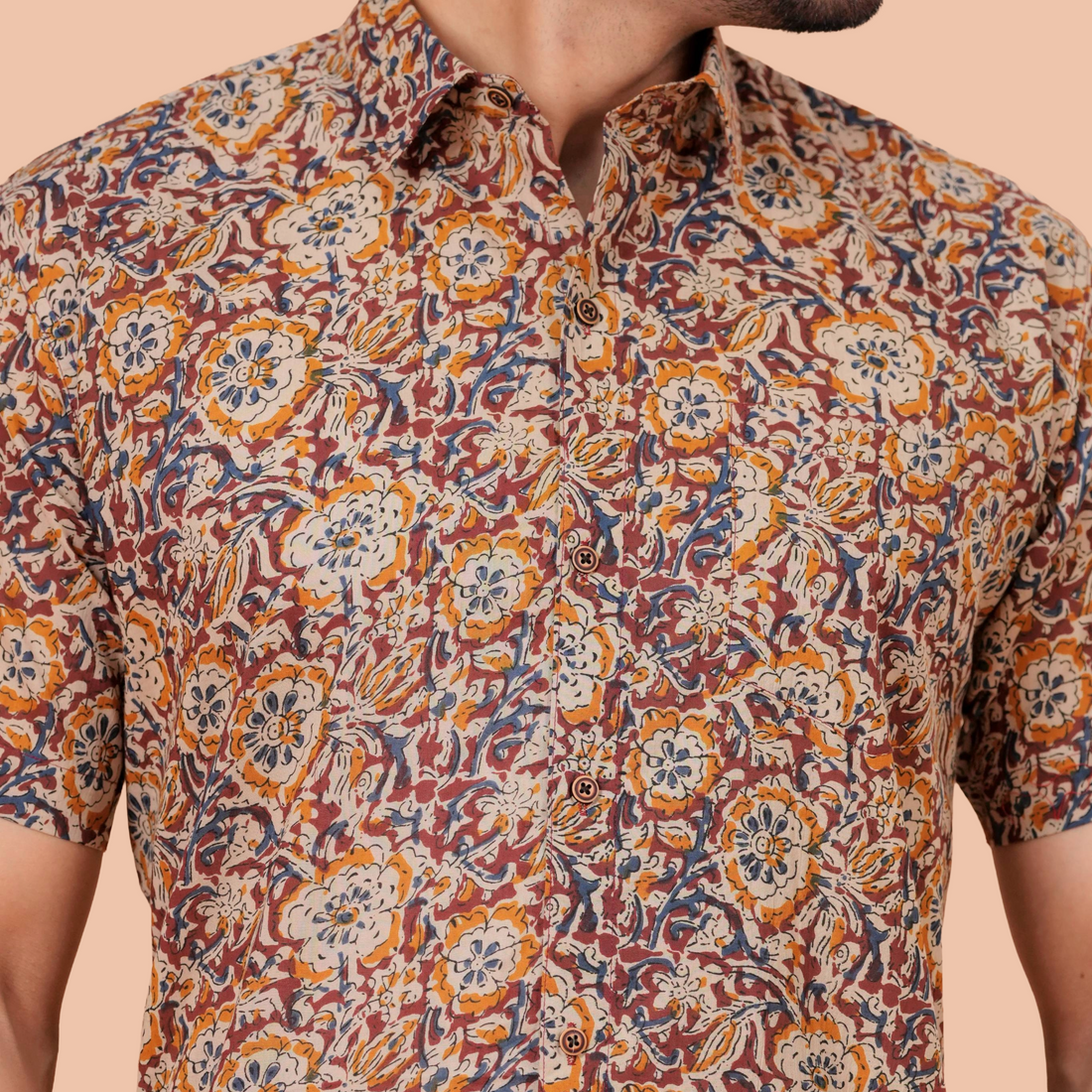 Earthy Ochre Jaal Printed Pure Cotton Shirt for Men | Dooriya Jaipur