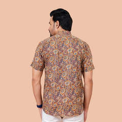 Earthy Ochre Jaal Printed Pure Cotton Shirt for Men | Dooriya Jaipur