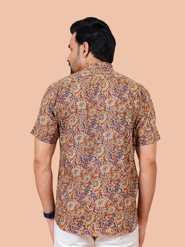 Earthy Ochre Jaal Printed Pure Cotton Shirt for Men | Dooriya Jaipur