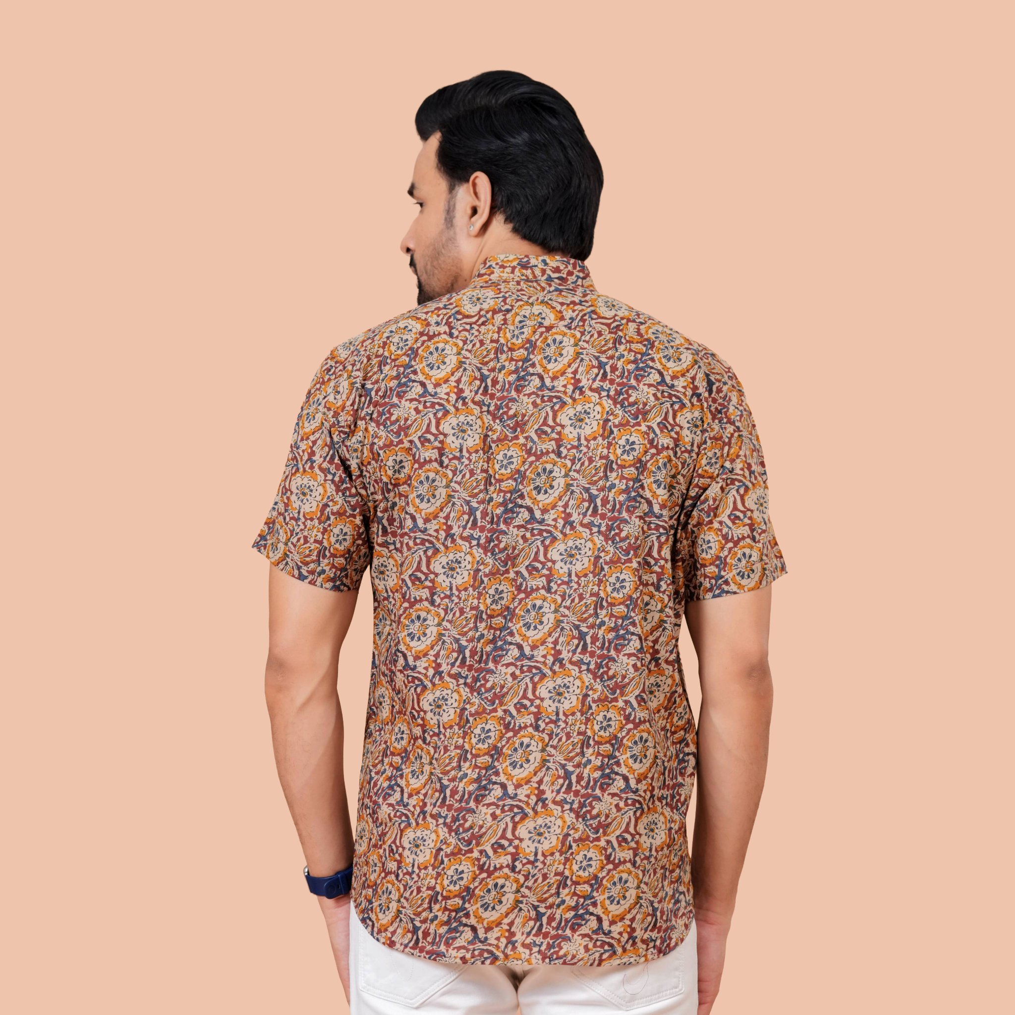 Earthy Ochre Jaal Printed Pure Cotton Shirt for Men | Dooriya Jaipur