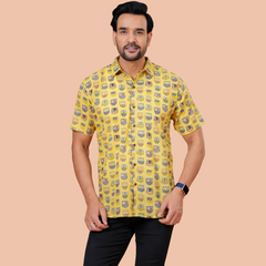 Yellow Owl Print Pure Cotton Casual Shirt for Men | Dooriya Jaipur