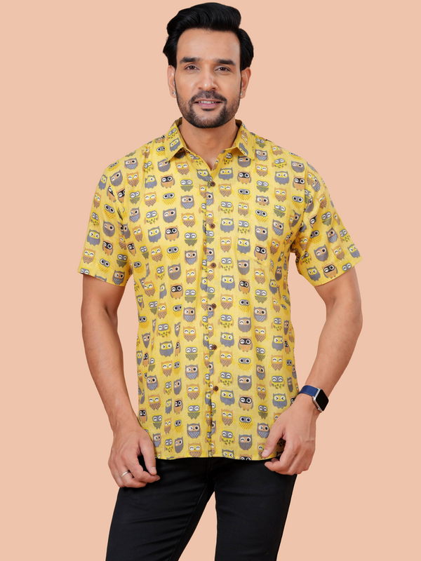Yellow Owl Print Pure Cotton Casual Shirt for Men | Dooriya Jaipur
