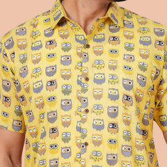 Yellow Owl Print Pure Cotton Casual Shirt for Men | Dooriya Jaipur