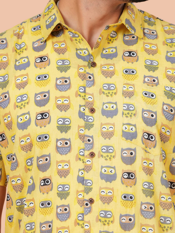 Yellow Owl Print Pure Cotton Casual Shirt for Men | Dooriya Jaipur