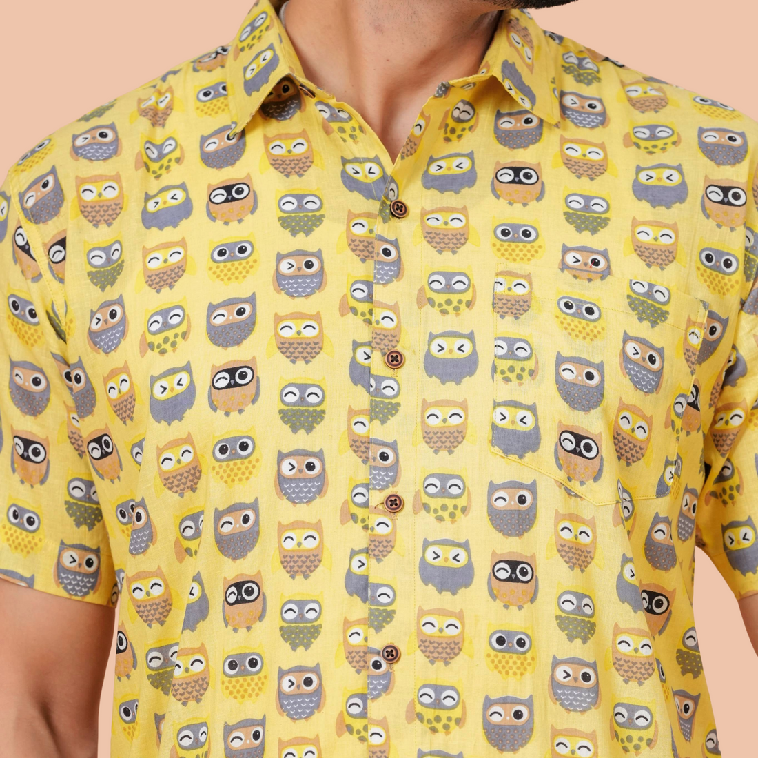 Yellow Owl Print Pure Cotton Casual Shirt for Men | Dooriya Jaipur