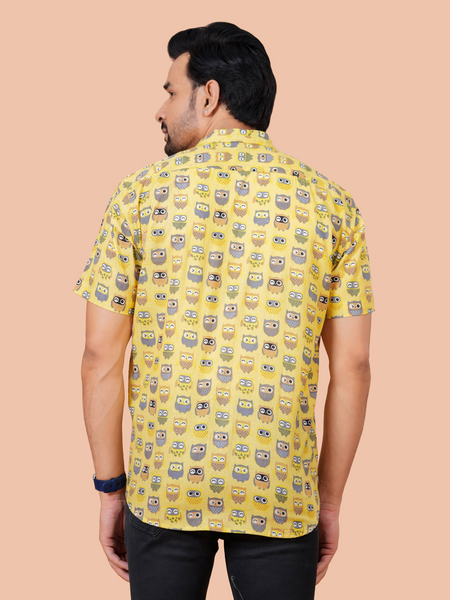 Yellow Owl Print Pure Cotton Casual Shirt for Men | Dooriya Jaipur