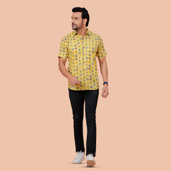 Yellow Owl Print Pure Cotton Casual Shirt for Men | Dooriya Jaipur