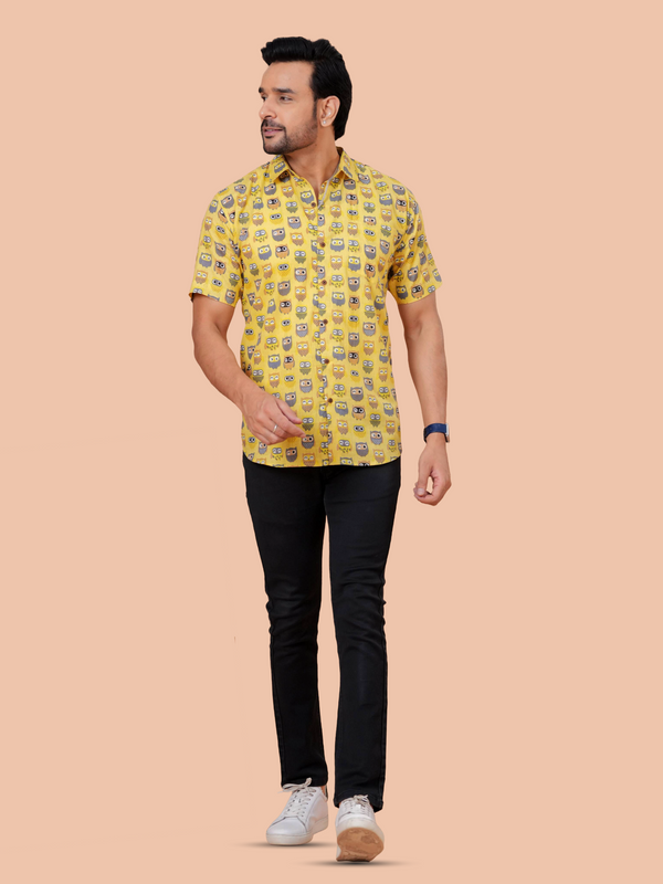 Yellow Owl Print Pure Cotton Casual Shirt for Men | Dooriya Jaipur