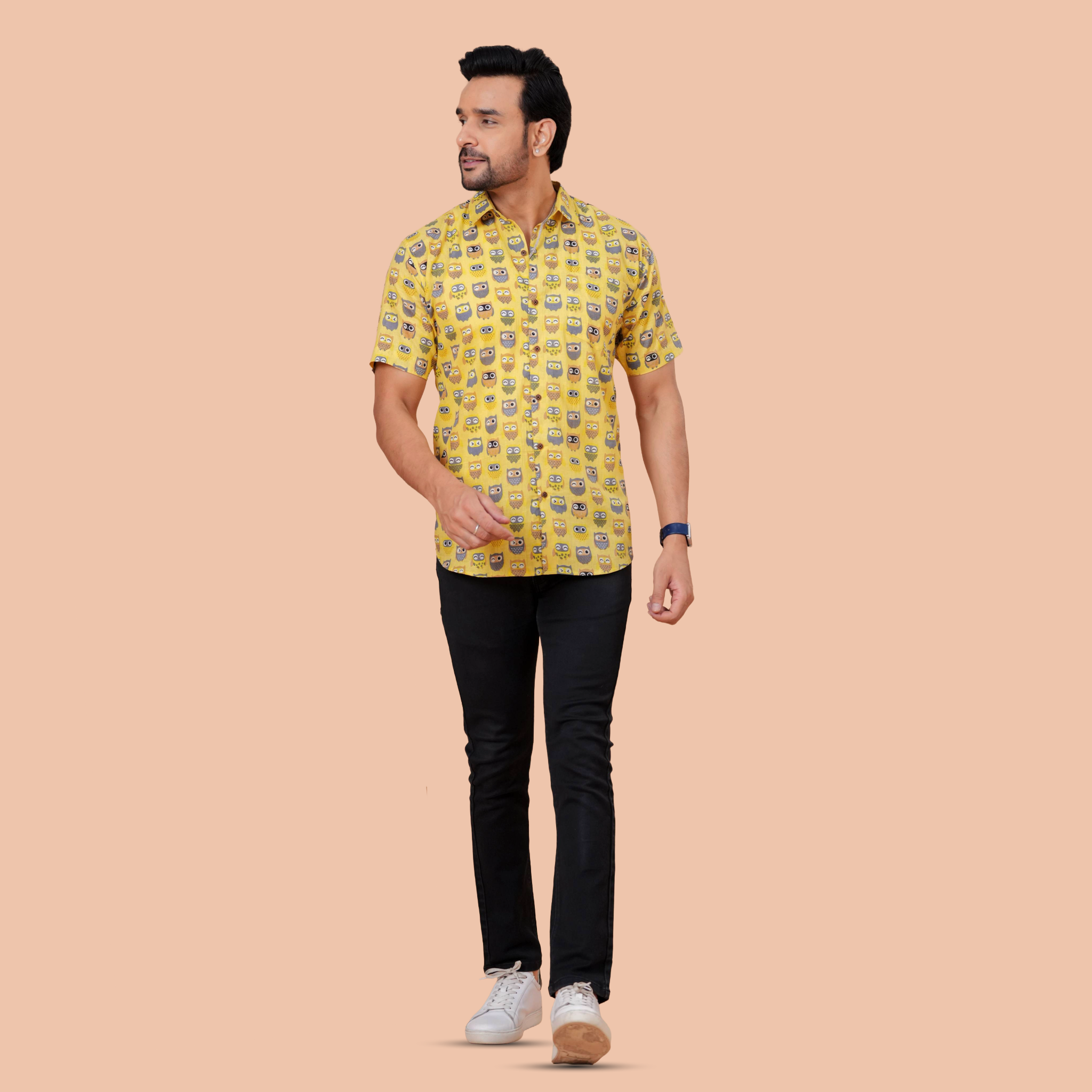 Yellow Owl Print Pure Cotton Casual Shirt for Men | Dooriya Jaipur