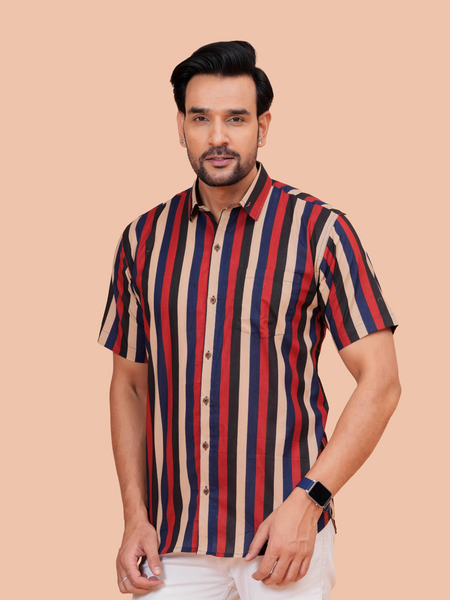 Multi-Color Vertical Stripe Pure Cotton Casual Shirt for Men | Dooriya Jaipur