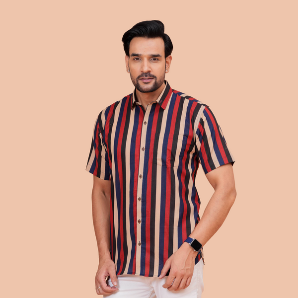 Multi-Color Vertical Stripe Pure Cotton Casual Shirt for Men | Dooriya Jaipur