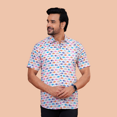 Off-White Multi-Color Pop Elephant Pure Cotton Shirt for Men | Dooriya Jaipur