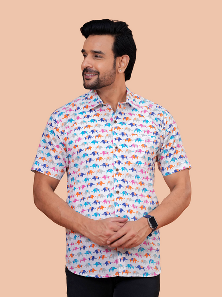 Off-White Multi-Color Pop Elephant Pure Cotton Shirt for Men | Dooriya Jaipur