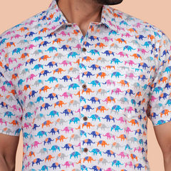 Off-White Multi-Color Pop Elephant Pure Cotton Shirt for Men | Dooriya Jaipur
