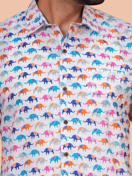 Off-White Multi-Color Pop Elephant Pure Cotton Shirt for Men | Dooriya Jaipur