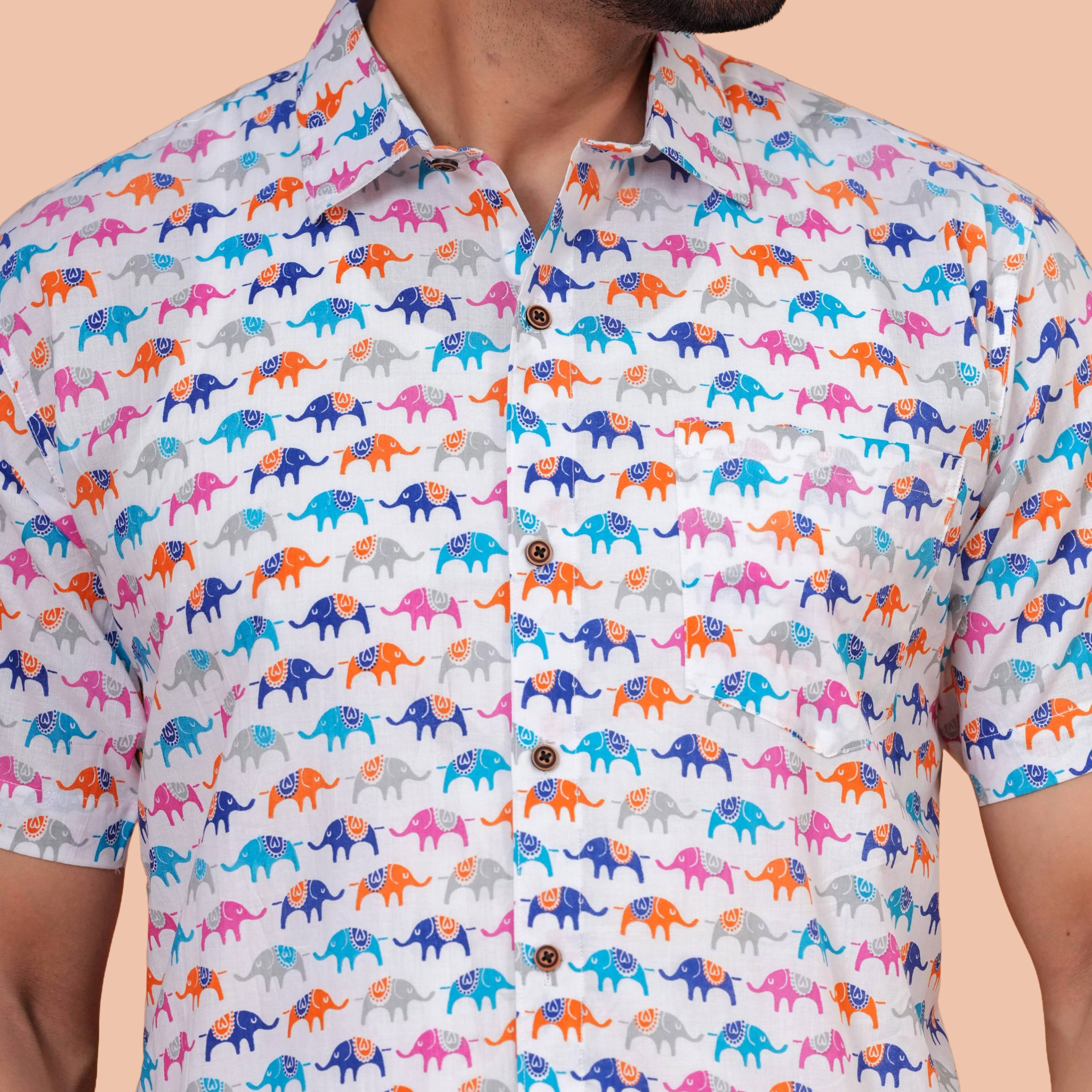 Off-White Multi-Color Pop Elephant Pure Cotton Shirt for Men | Dooriya Jaipur