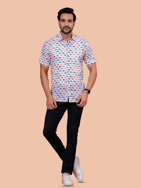 Off-White Multi-Color Pop Elephant Pure Cotton Shirt for Men | Dooriya Jaipur