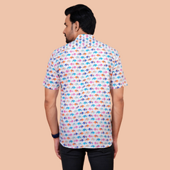 Off-White Multi-Color Pop Elephant Pure Cotton Shirt for Men | Dooriya Jaipur