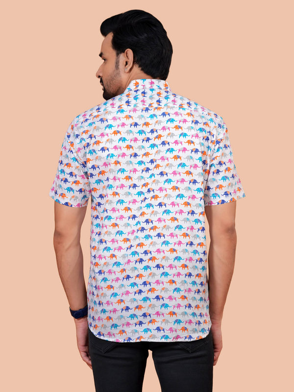 Off-White Multi-Color Pop Elephant Pure Cotton Shirt for Men | Dooriya Jaipur