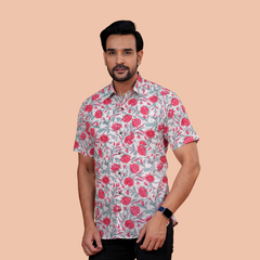 White & Crimson Floral Vine Pure Cotton Shirt for Men | Dooriya Jaipur